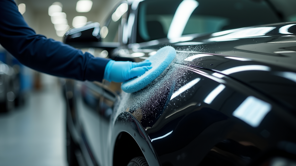 High angle view of a car being polished at a detailing shop