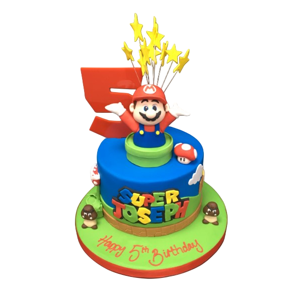 A colourful and fun Super Mario themed cake with iconic characters and elements from the popular video game series, perfect for fans of all ages.