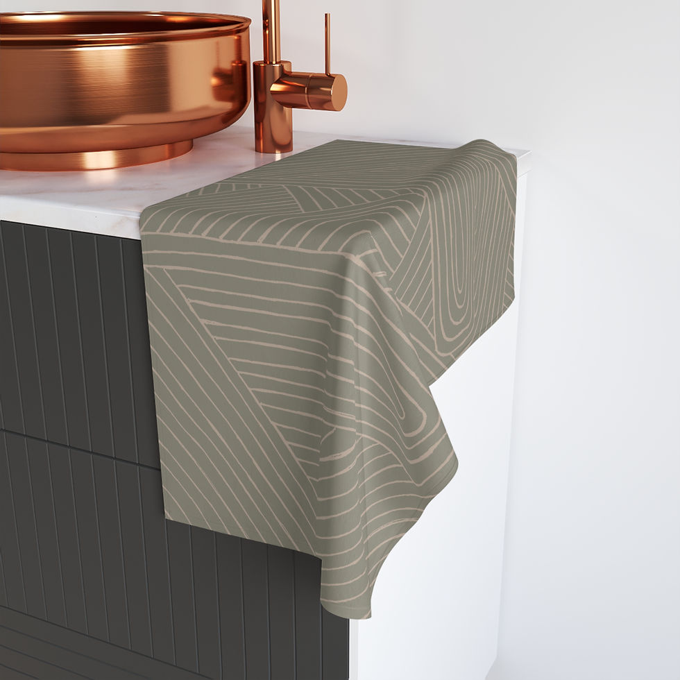 Thumbnail: Modern Boho Geometric Tea Towel - Olive Green & Tan Hand-Drawn Kitchen Decor