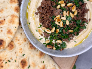 Hummus with Spiced Beef and Toasted Pine Nuts