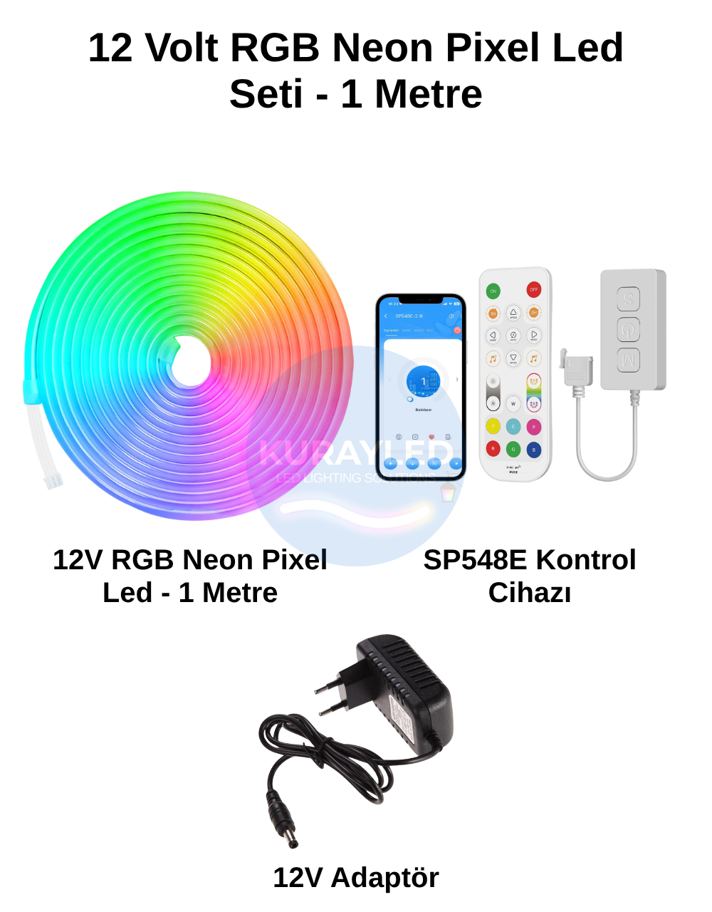 12V RGB Pixel Neon Led ve Wi-Fi + Bluetooth + RF Kumandalı Aydınlatma Seti Trafo Dahil 1 Metre