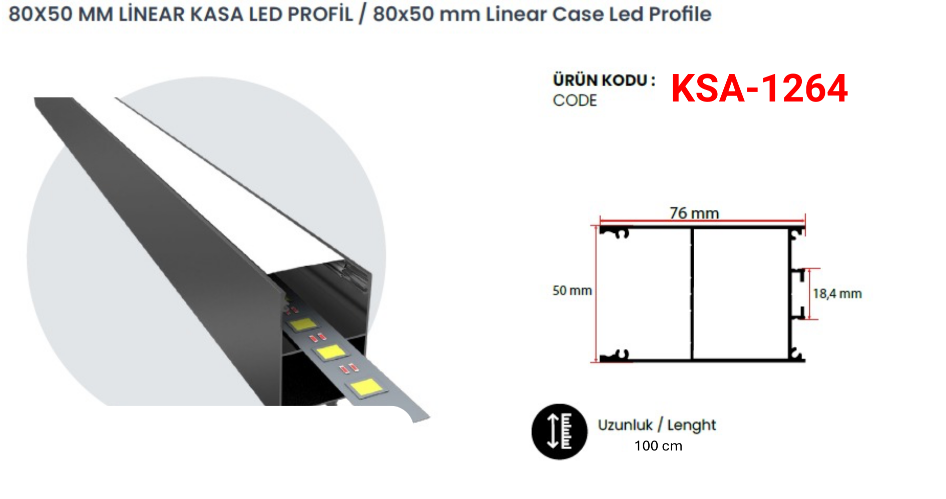 KSA-1264 Lineer Kasa LED Profil | 80×50 mm Yüzey Montaj Alüminyum LED Profil