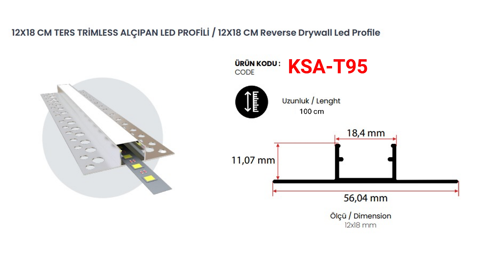 T95 12X18 CM Ters Trimless Alçıpan Alüminyum LED Profili