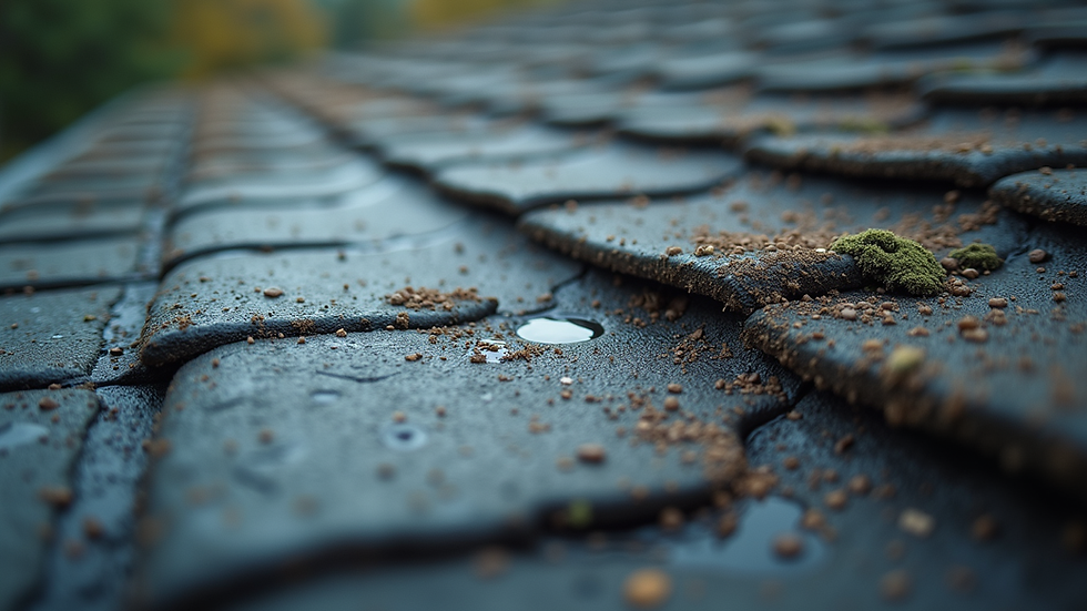 Close-up view of a roof with water stains showing a hidden leak