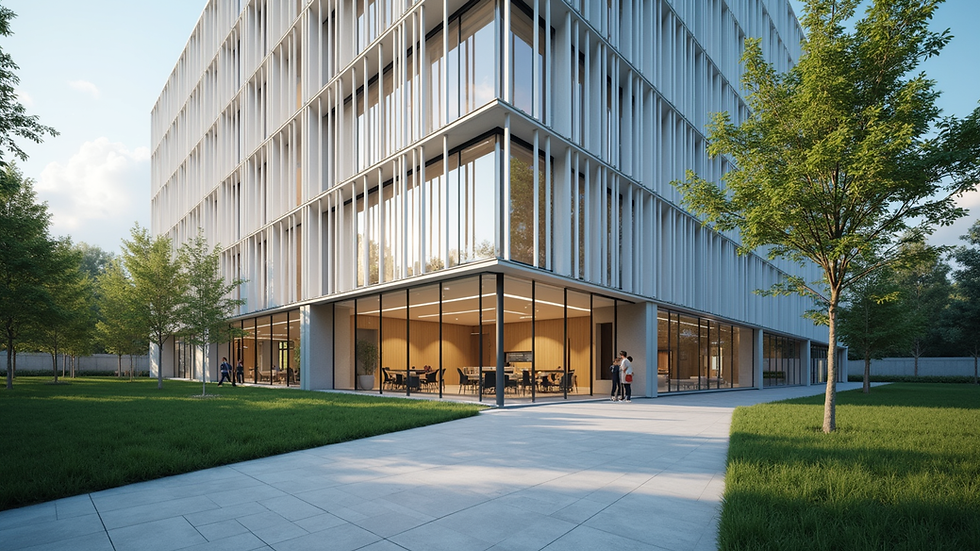 Eye-level view of a modern office building with sustainable design features