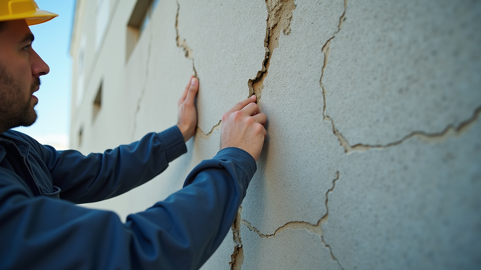 Close-up view of a technician inspecting building wall for cracks and damage