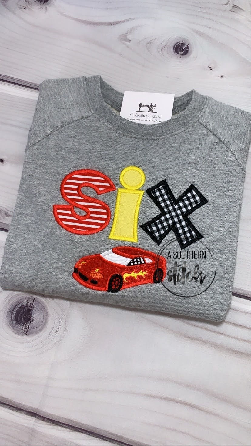 SIX Birthday Race Car Applique Shirt
