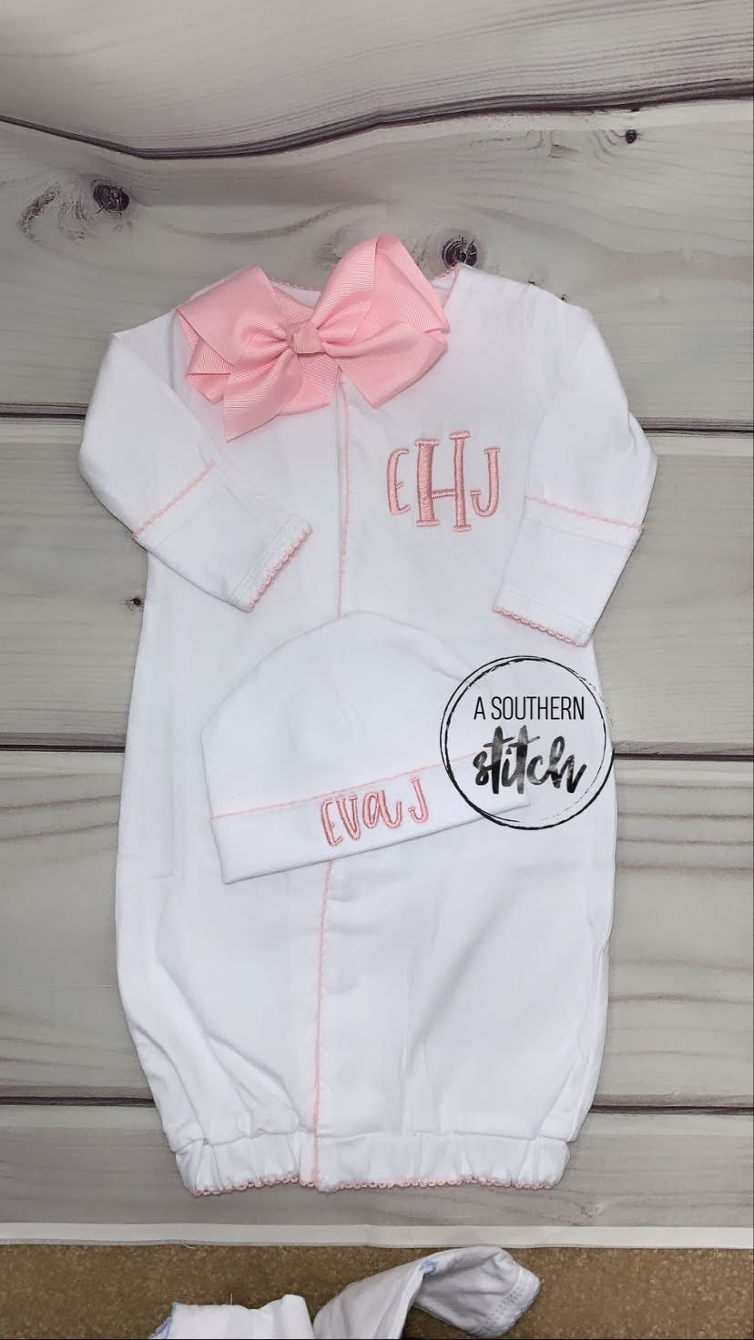 White Pink Trim Gown Hat Set