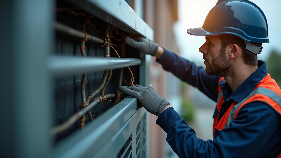 Eye-level view of HVAC technician inspecting air conditioning unit