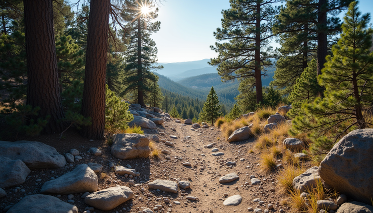 Eye-level view of Granite Mountain trail with rocky path and pine trees