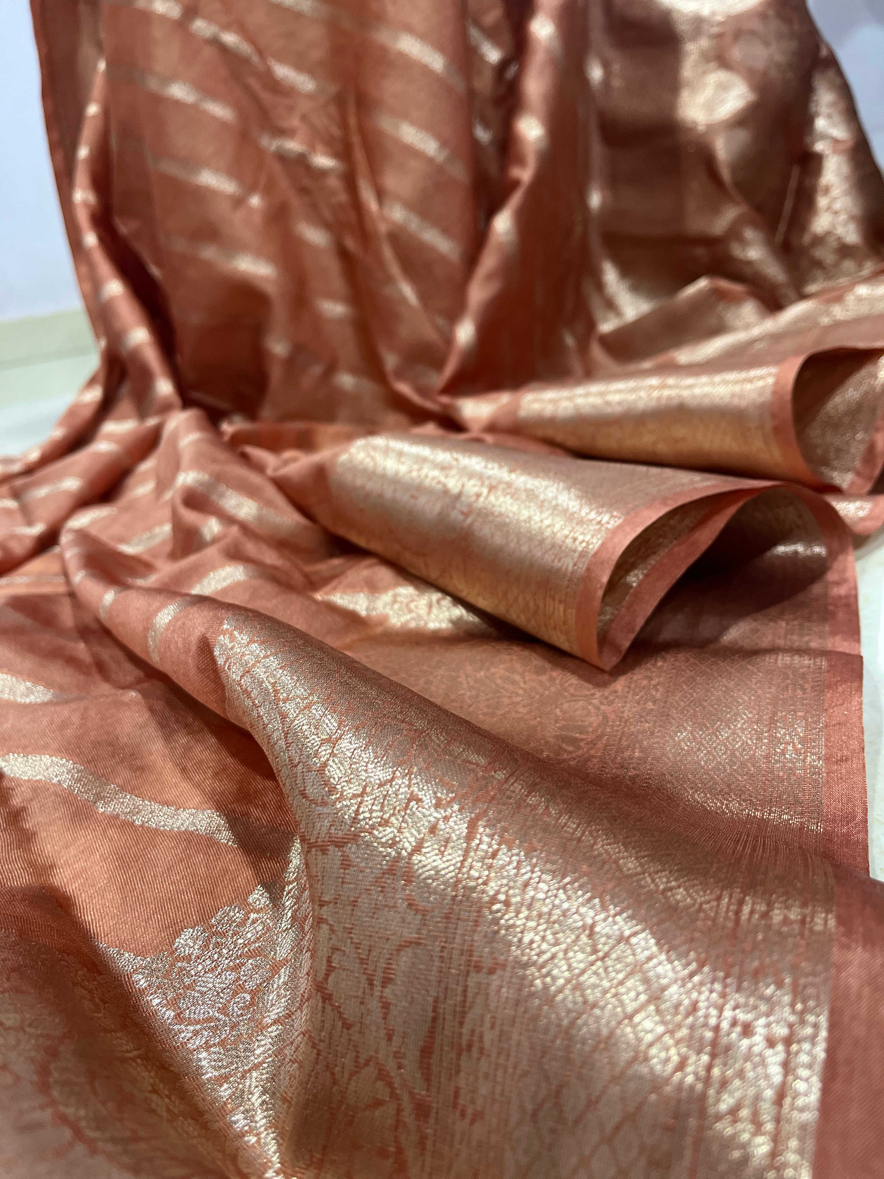 Mocha mousse banarasi saree with diagonal stripes