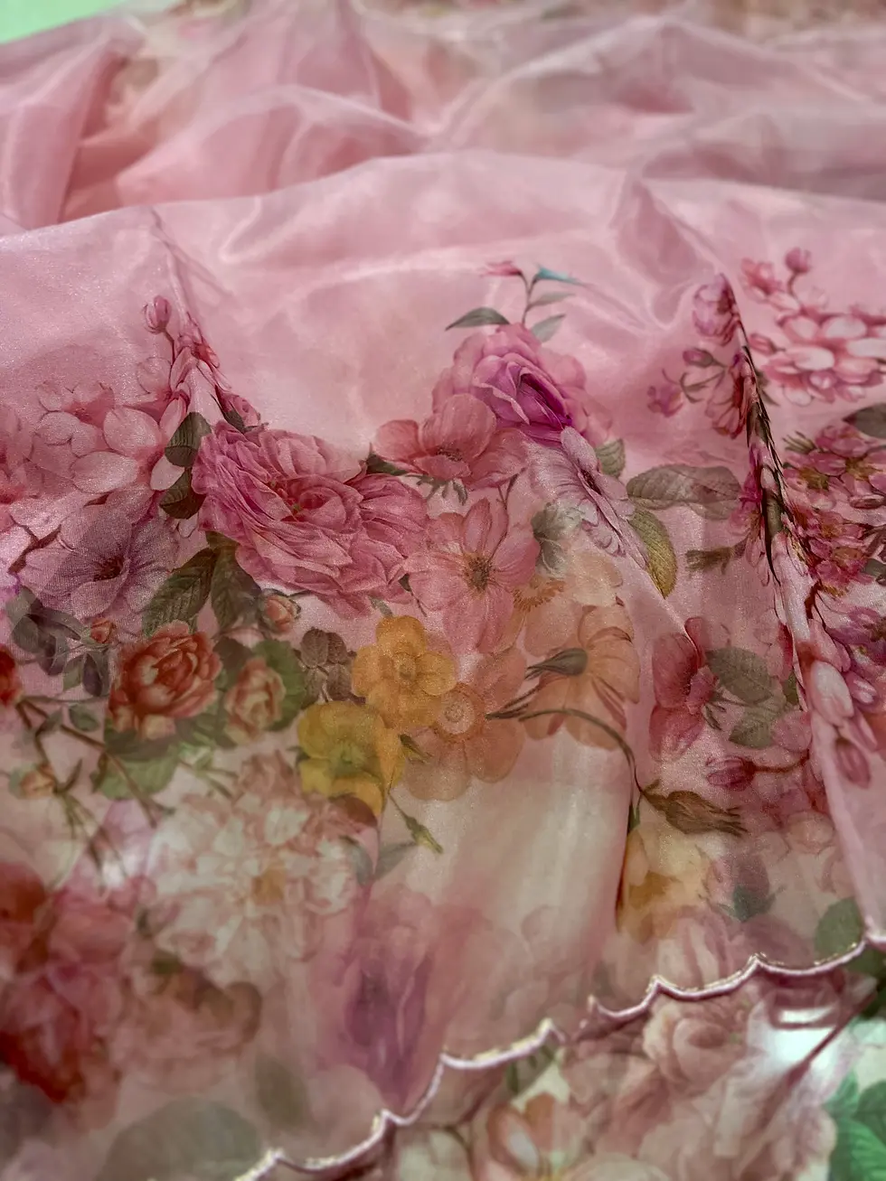 Thumbnail: Pink rose print organza saree