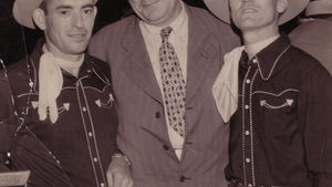 The Briarhoppers, Whitey and Hogan, with announcer Charlie Crutchfield at WBT Radio