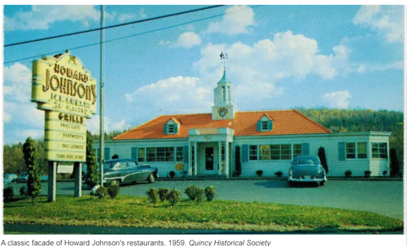 A 1959 color postcard of a classic facade of Howard Johnson's restaurants. The image is of a white building with an orange roof. Two cars are parked in a small parking lot in front of the building. The large yellow, lighted sign by the street reads Howard Johnson's Ice Cream and Grill. Other words are illegible.