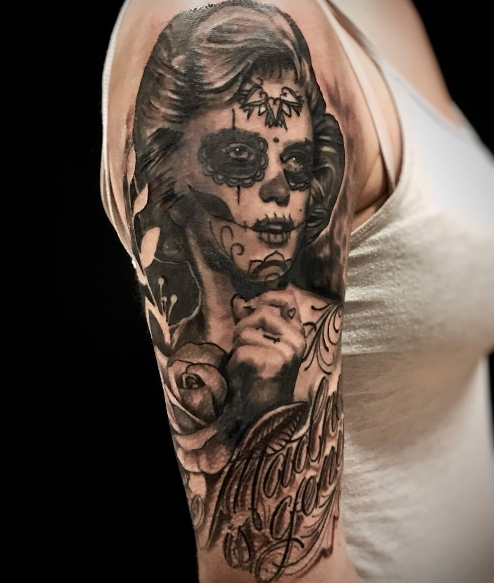Girl skull Black and grey sleeve tattoo by Coatsie at Mythology Tattoo in Edmonton