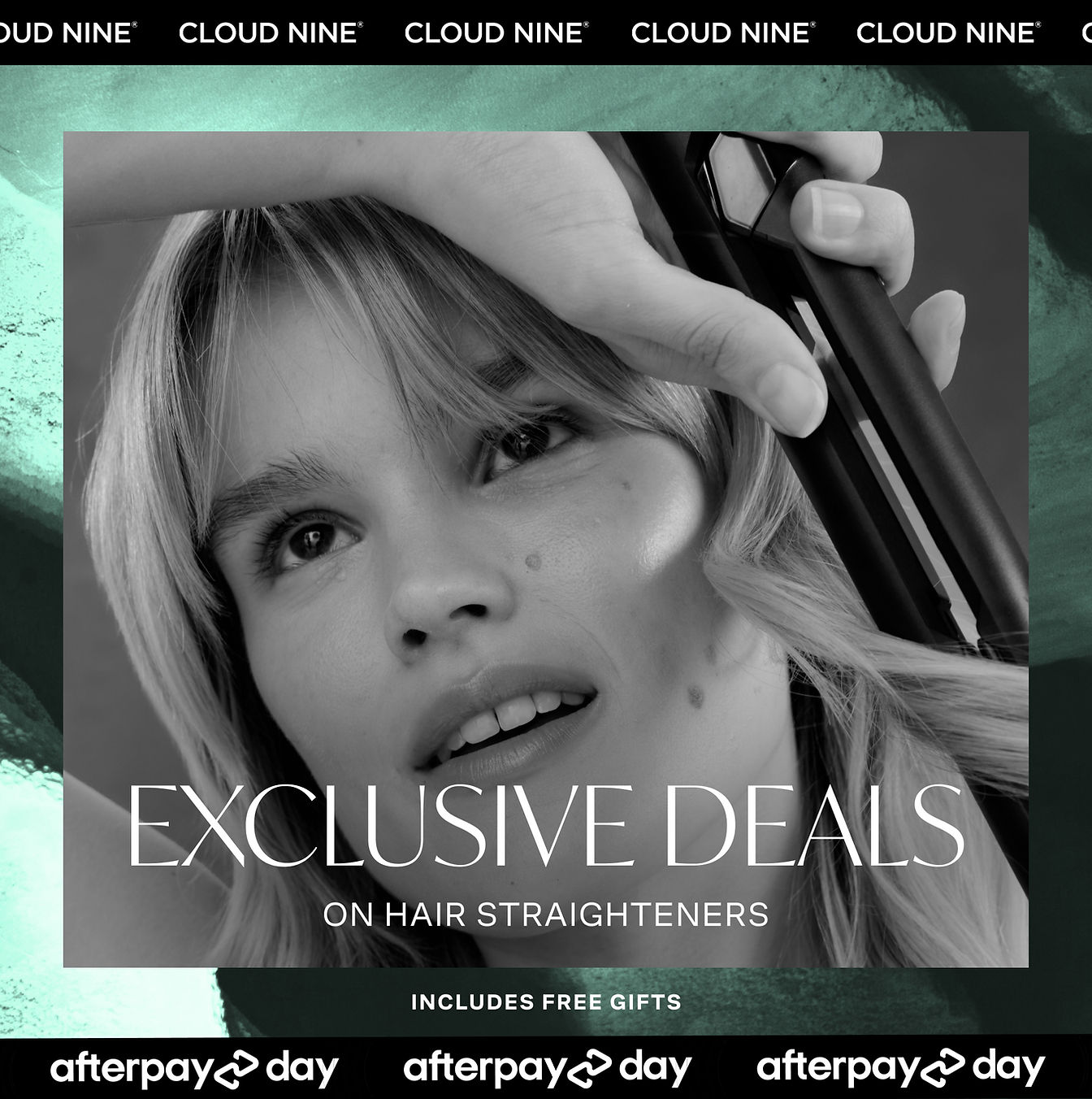 Paid media advert of model using straightener, black-white on teal background with sale text.