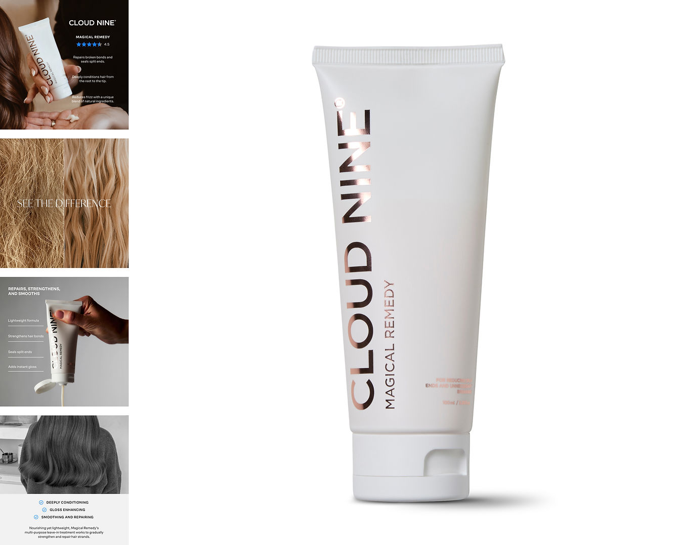 Five image collage of Magical Remedy featuring a hero product shot, in-use application, before and after results, and key benefits.