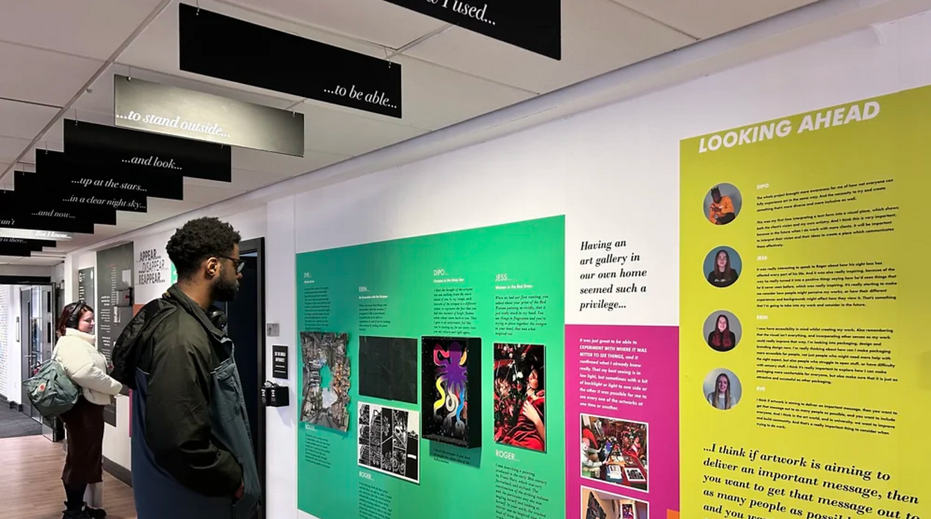 Diverse people viewing the ‘Appear, Disappear, Reappear’ exhibition at Leeds Arts University.
