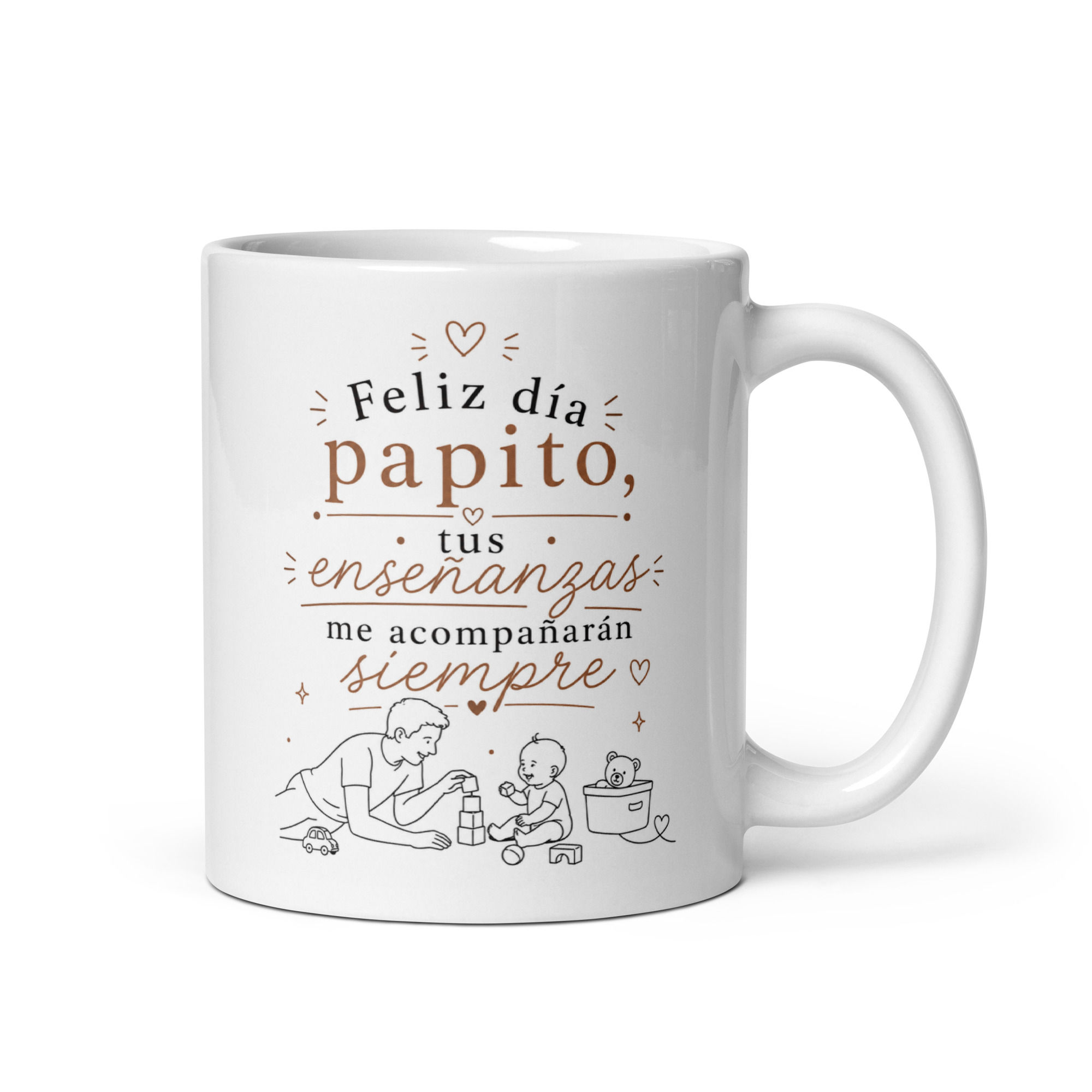 Feliz día papito, tus enseñanzas me acompañarán siempre - White glossy mug
