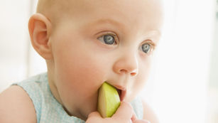 Bebito comiendo un pedazo de manzana