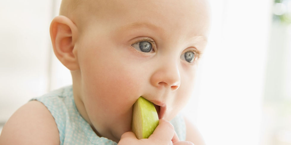 Bebé comiendo manzana en forma de C. BLW