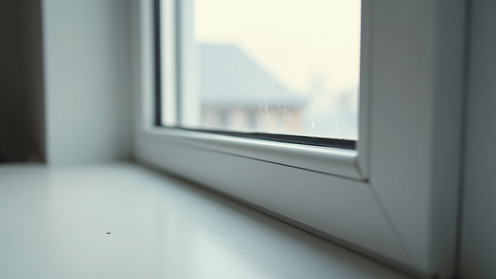 Close-up view of window frame with weatherstripping and sealant