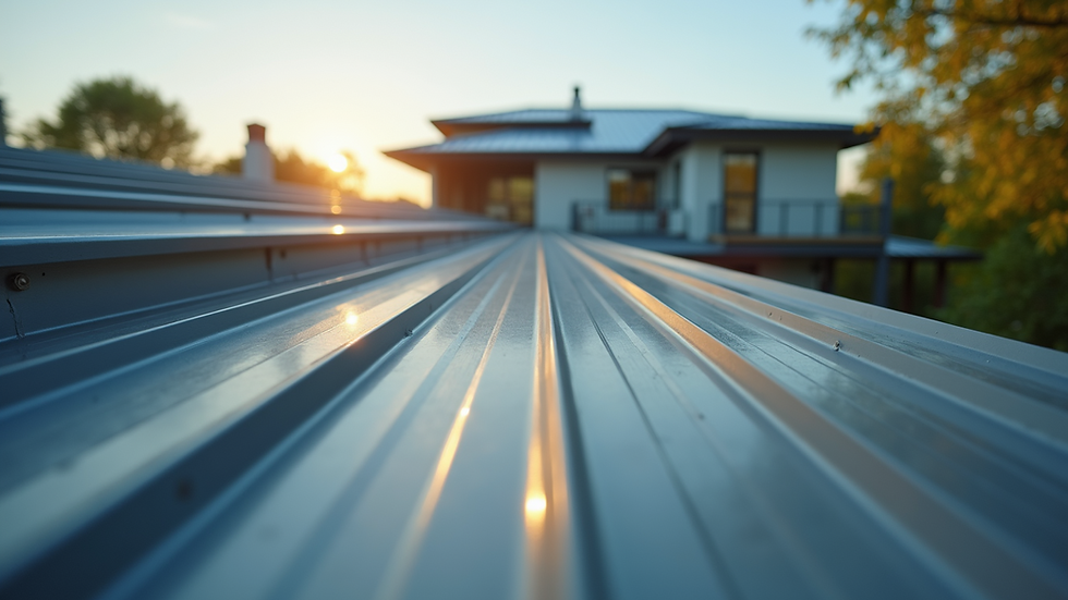 Eye-level view of a modern metal roof on a suburban home