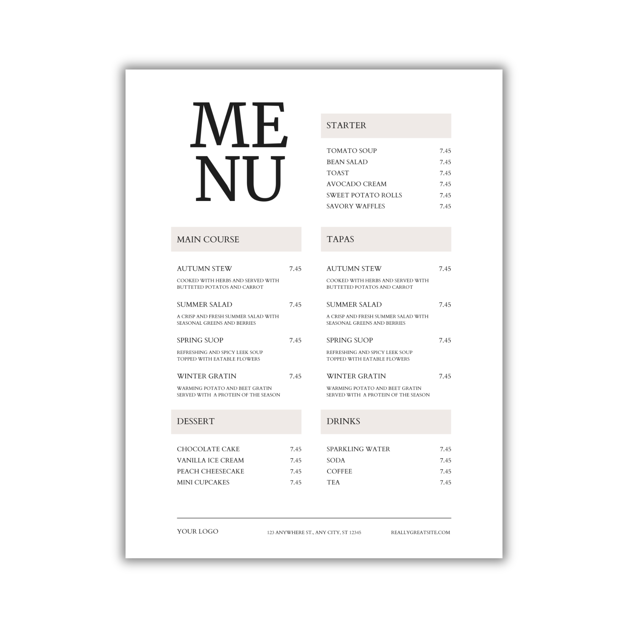 Menu Design #18 (Customized With Your Business Information - Ready in 1-3 Days)