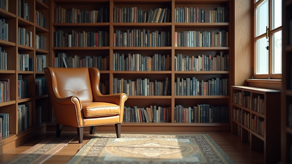 Eye-level view of a quiet library corner with books and a comfortable chair