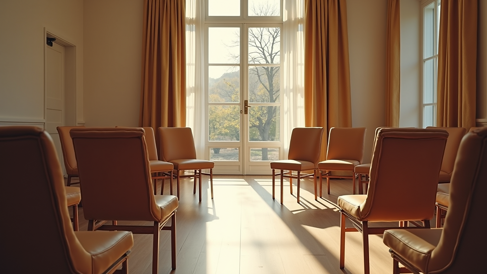 High angle view of a community meeting room with chairs arranged in a circle