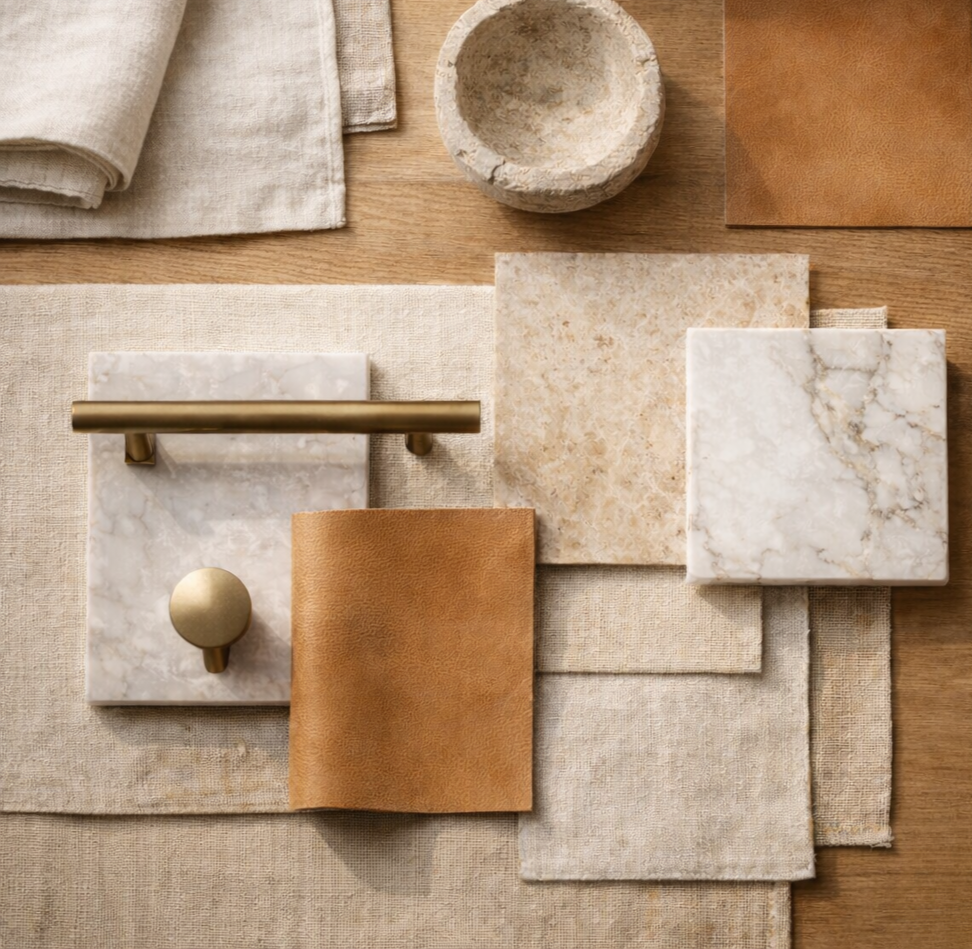 Flat lay of natural interior design material samples including marble, linen, leather, and brushed brass hardware for a coastal home