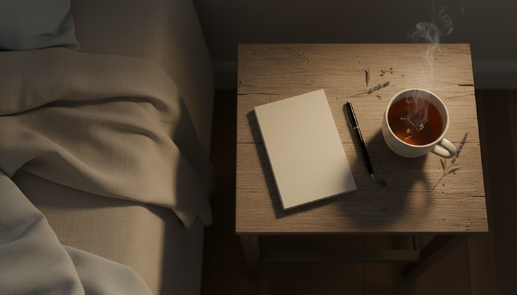 Overhead view of a small journal, pen, and cup of tea beside an unmade bed.