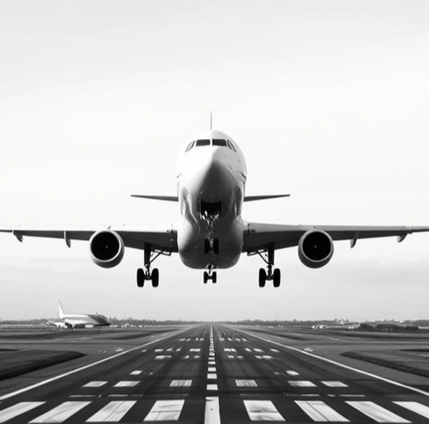 I need an image of a commercial airliner on a runway from the sky perspective in black and