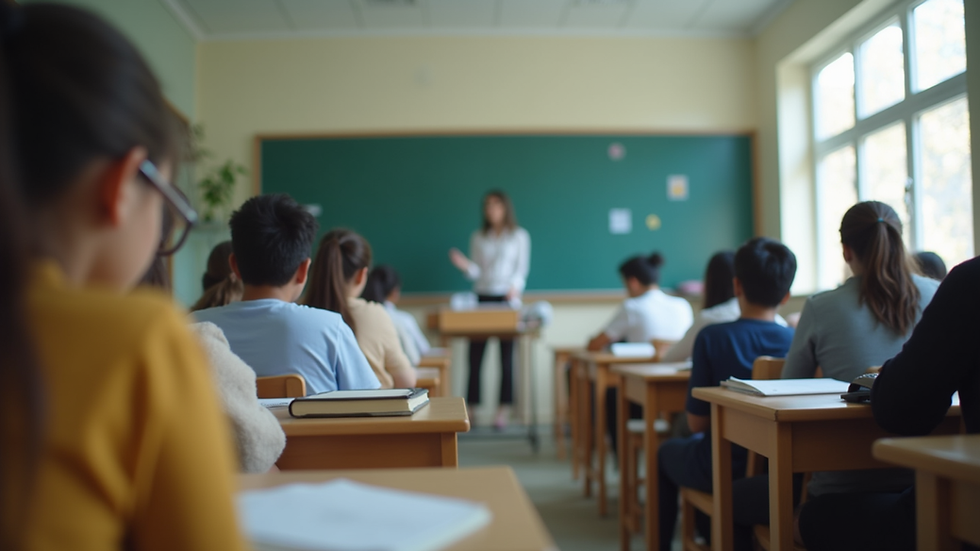 Eye-level view of a language classroom with students engaged in learning