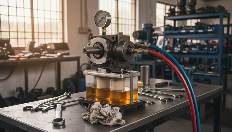 Close-up view of a hydraulic pump, pressure gauge, and connected hoses on a training bench