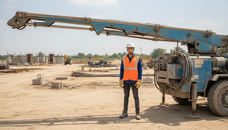 Wide-angle view of a trainee standing beside a concrete pump at a construction training yard