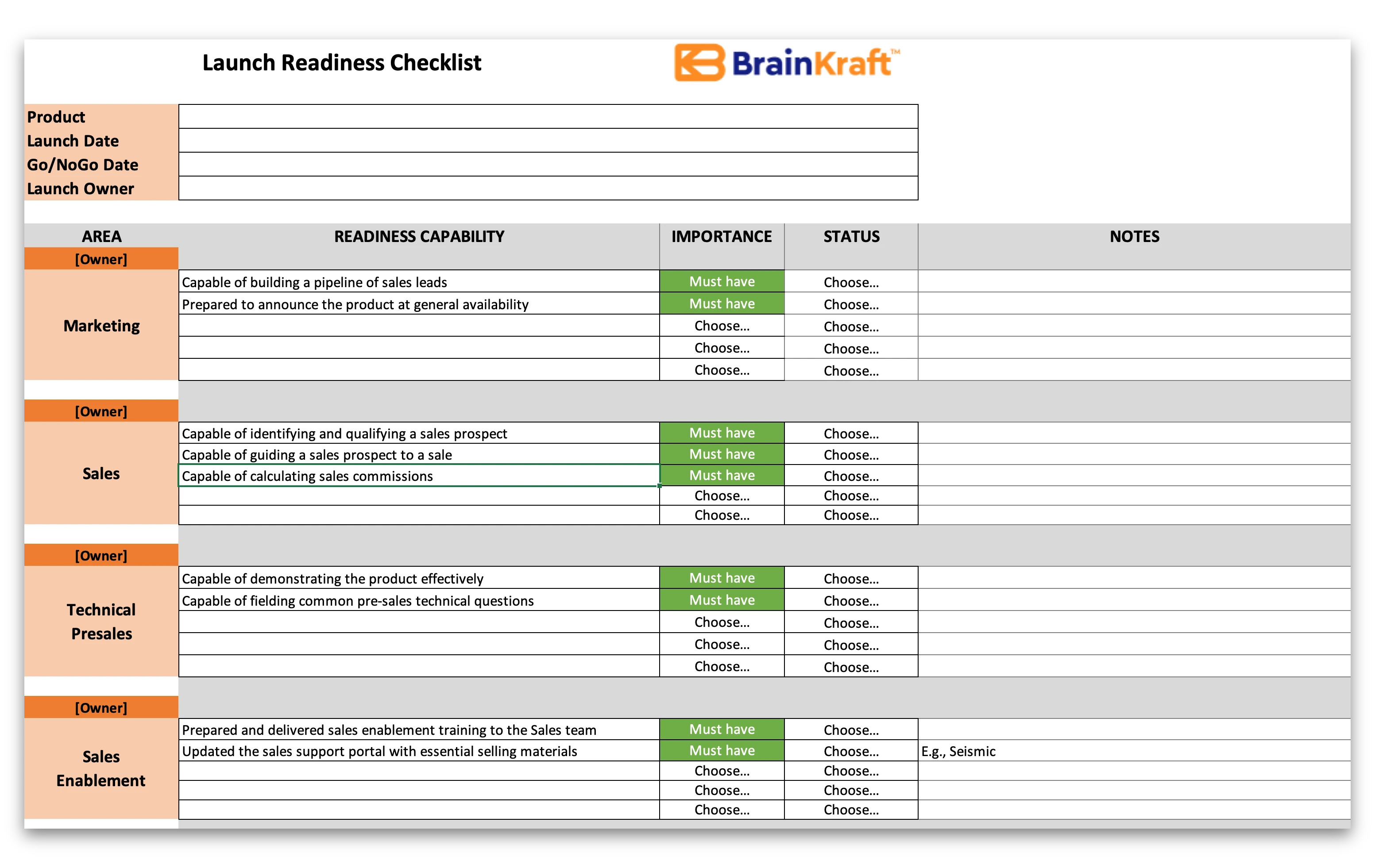 The Launch Readiness Checklist from BrainKraft focuses on the outcomes for Day 1 Launch Readiness rather the artifacts.