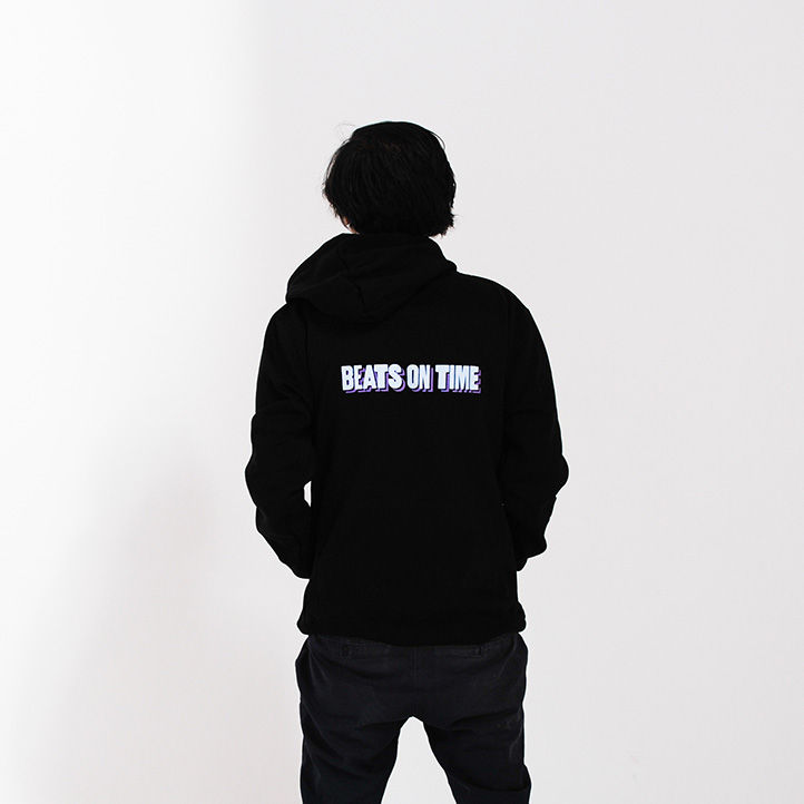 black Hoodie of beats on time. merch for music label