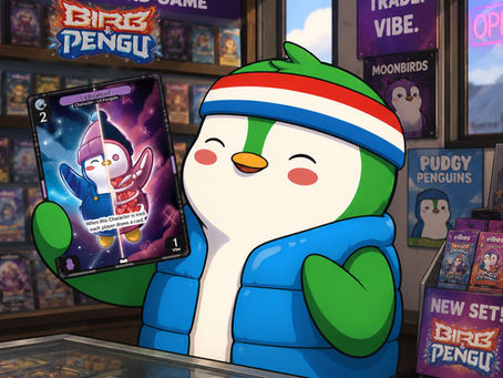 CARDBOARD CLOSE UP: Pudgy Penguins St. McFly Can't Wait To Collect His New Lil Pudgy Card In Vibes TCG's Birb& Pengu Set!