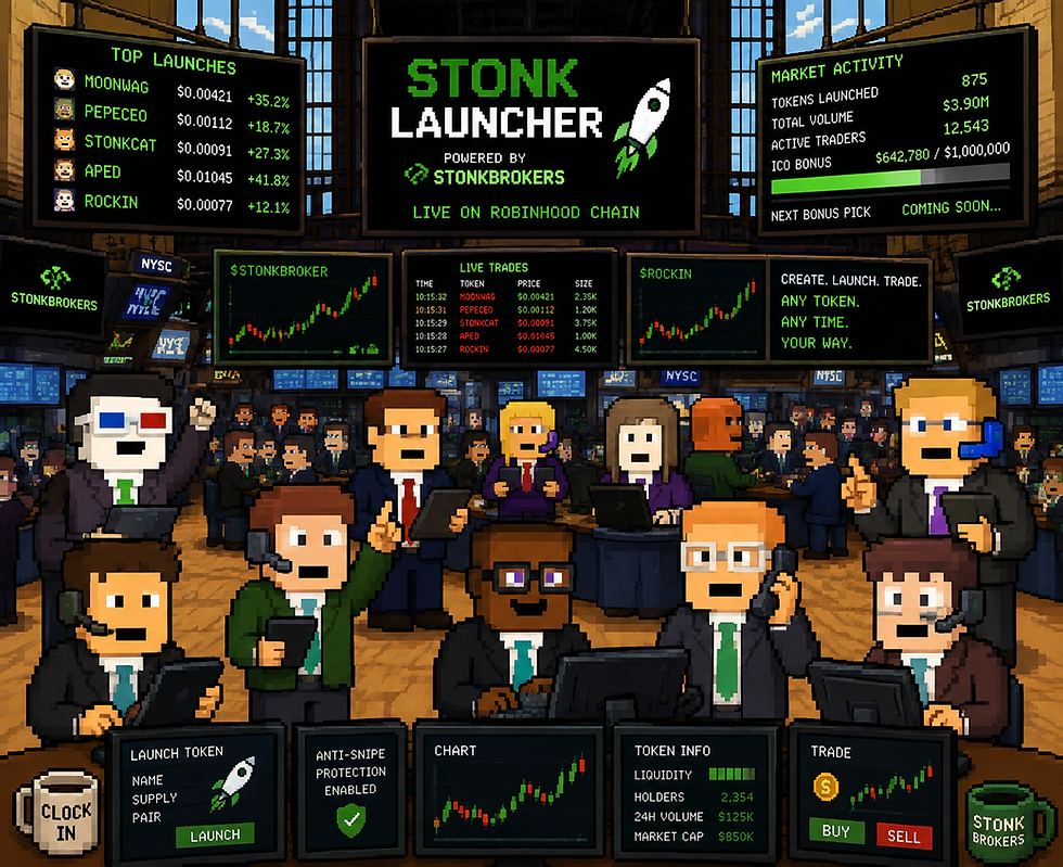 CLOCK IN: Clutch Markets’ StonkBrokers Memecoin Launchpad Is Now Live On Robinhood Chain, Bringing More Data For Users, More Options For Devs, And A Bit Of Luck!