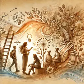 A ladder connects the ground floor to a treetop, with a lightbulb at the top of the ladder. Under the treetop on the groundfloor there are give people, some sitting and thinking, some actively creative with another lightbulb over one of them. Some geometric shapes to indicate thinking