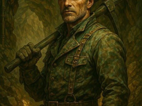 A rugged miner stands in a dimly lit tunnel, wearing a green uniform, gloves, and a helmet with a glowing headlamp. He grips a pickaxe over his shoulder, his expression resolute and determined. The warm light reflecting off the rocks behind him symbolizes strength forged through struggle and resilience.