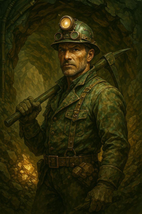 A rugged miner stands in a dimly lit tunnel, wearing a green uniform, gloves, and a helmet with a glowing headlamp. He grips a pickaxe over his shoulder, his expression resolute and determined. The warm light reflecting off the rocks behind him symbolizes strength forged through struggle and resilience.