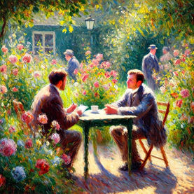 Two men in business suits sit in a garden and chats. One takes notes, the other speaks. Looks like an interview. The garden is green, lush and full of flowers. The men sit at a round garden table.