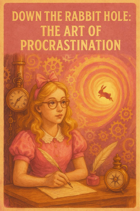 A young woman resembling Alice from Alice in Wonderland sits at a desk holding a quill pen, deep in thought. Behind her, a pocket watch and compass rest beside a swirling golden vortex with a rabbit silhouette leaping into it. The artwork, in warm pink and gold tones, visually represents the theme Down the Rabbit Hole: The Art of Procrastination.