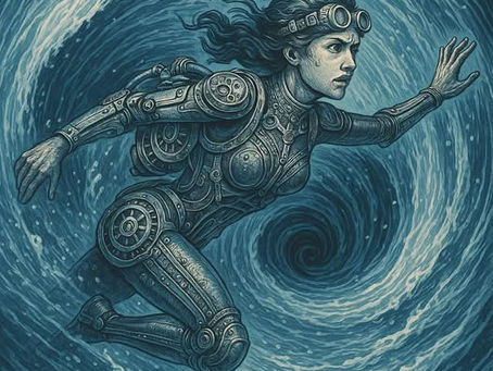 Steampunk woman in mechanical diving suit swimming against a swirling vortex, symbolising the struggle to break free from old patterns and reclaim personal agency.