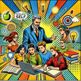 A pop art style picture of a classroom setting, where there are a number of teenagers around a computer, with books open in front of them, and engaging in conversation. There's an adult man who looks like a teacher or coach.
