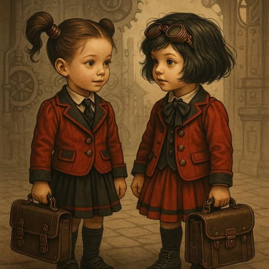 Two young girls in steampunk-style school uniforms holding briefcases, standing in front of gears, symbolising early identity formation, friendship, and the influence of systems on childhood development.