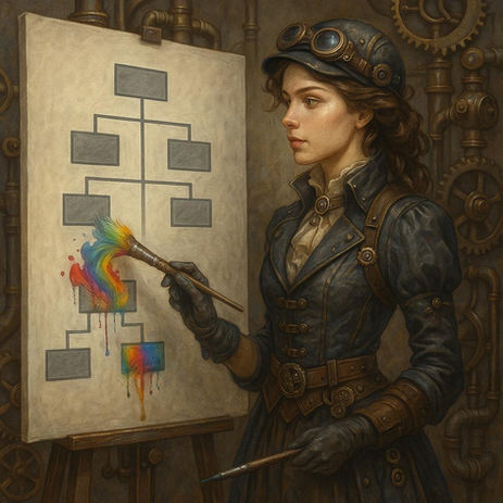 Steampunk-style woman in leather gear paints rainbow colors onto a corporate org chart, symbolising creativity in Human Resources and organisational design.