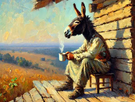 A donkey sitting on his porch, dressed as a human, holding a cup of coffee, looking over the farm